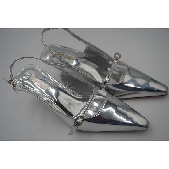 Larroude Ines Metallic Silver Mary Jane Pointed Toe Sculptural Kitten Heels Sz 7 - Picture 12 of 16